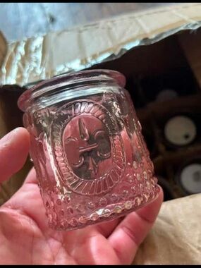 12 Pink Decorative Glass Votive candle Jars with Fleur-de-Lis Accent